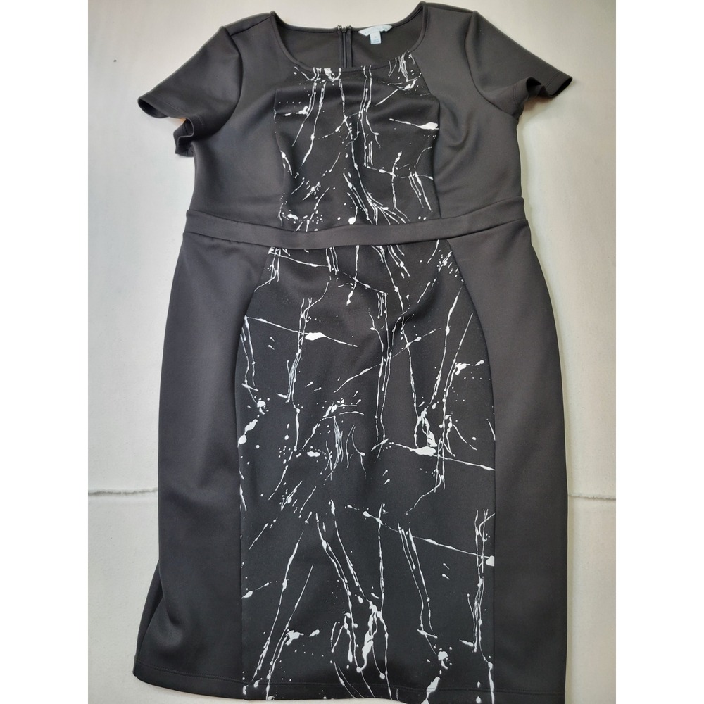 Boutique+ Black White Abstract Print Sheath Dress Plus Size 1X Short Sleeve 640